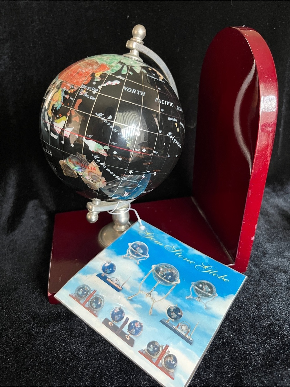 Onyx and Semi-Precious Gemstone Inlaid Globe Wood Bookend NWT
